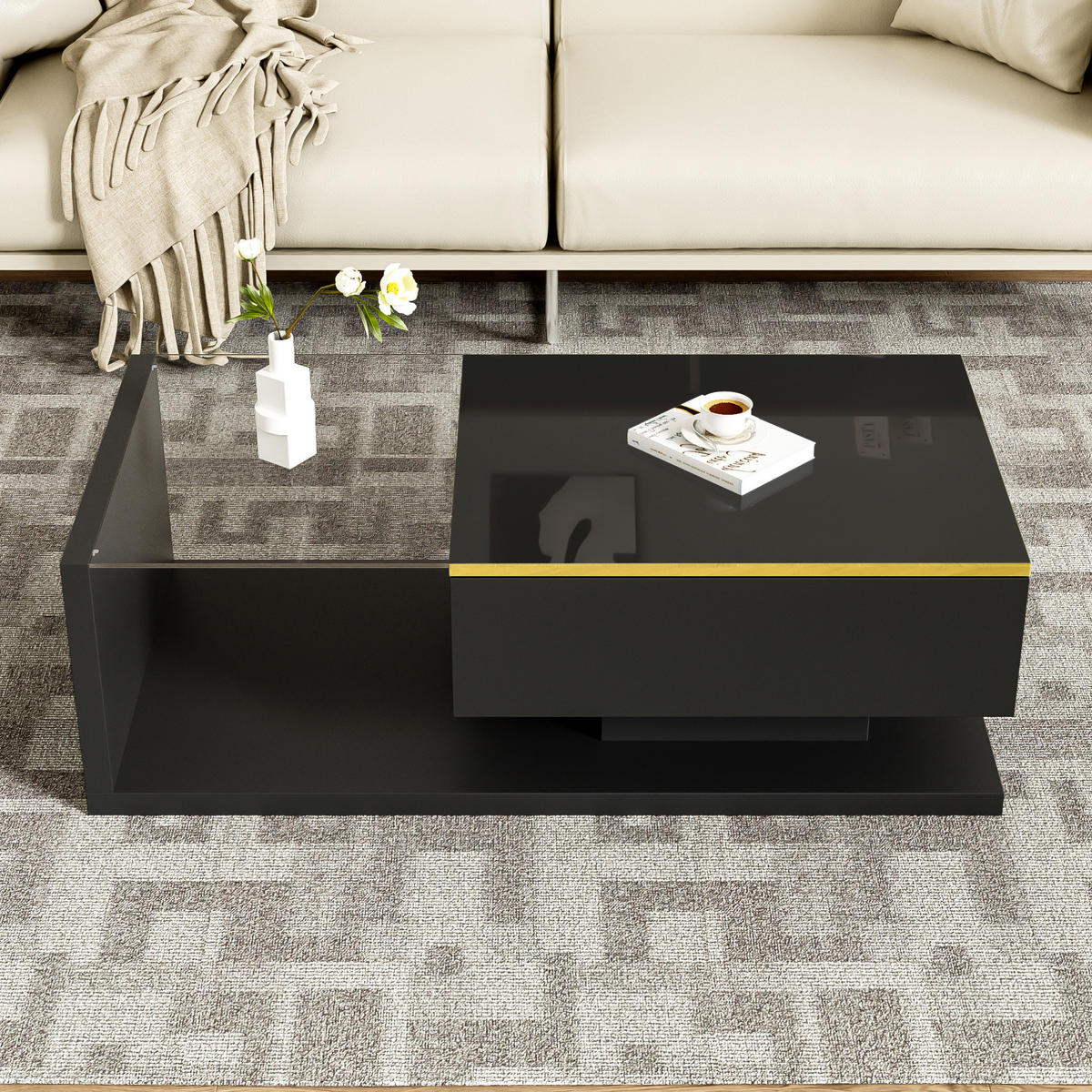 COUCHTISCH aus Spanplatte und Glas 100x50x32,5 cm in Schwarz mit LED-Beleuchtung - Schwarz, Holzwerkstoff (100/50/32.5cm) - Modfu