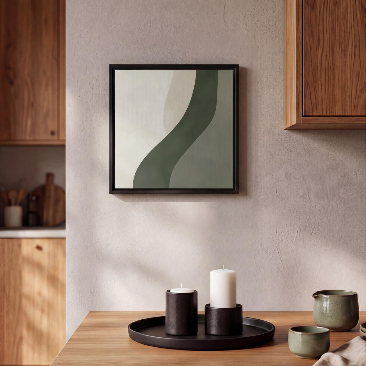 LEINWAND Bilder mit Rahmen - Japandi - Grün - Abstrakt - Modern - 20x20 - Salbeigrün, Textil (20/20cm) - MuchoWow