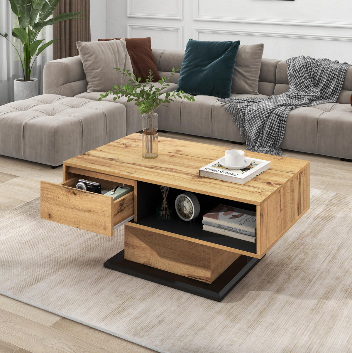 COUCHTISCH aus melaminbeschichteter Spanplatte 100x60x47 cm Eiche/Anthrazit mit Schublade und Stauraum - Naturfarben, Holzwerkstoff (100/60/47cm) - IVMEU