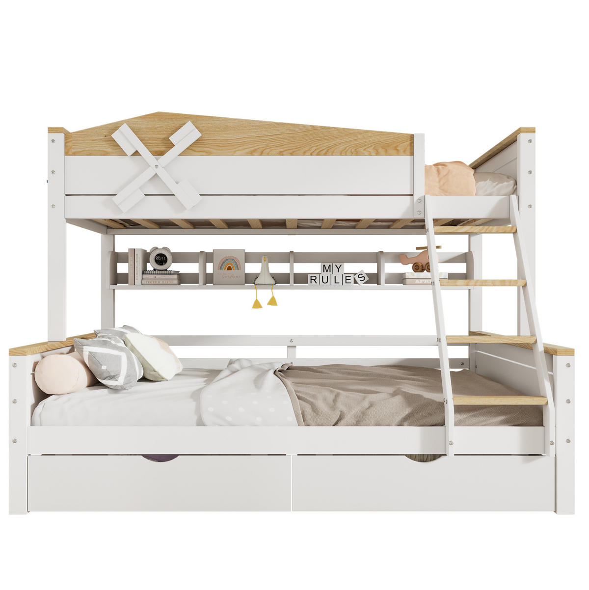 ETAGENBETT aus Kiefer und MDF 90x200/140x200 cm Weiß/Natur mit Schubladen und Regalen - Weiß, Holzwerkstoff (90/200cm) - IVMEU