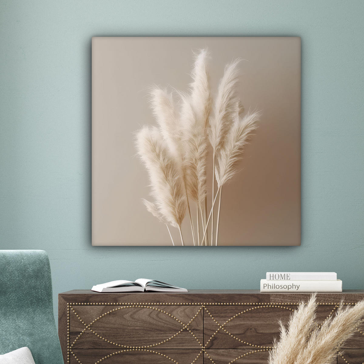 LEINWANDBILD Pampasgras - Federn - Pastell - Weiß Deko Groß 90x90 cm - Naturfarben, Textil (90/90cm) - MuchoWow