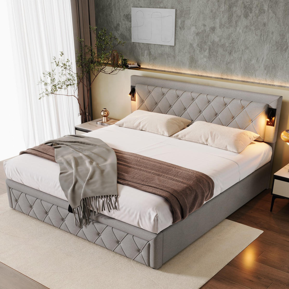 BETT mit Stauraum, USB und Downlight Leinen Grau - Grau, Metall (180/200cm) - Meubliv