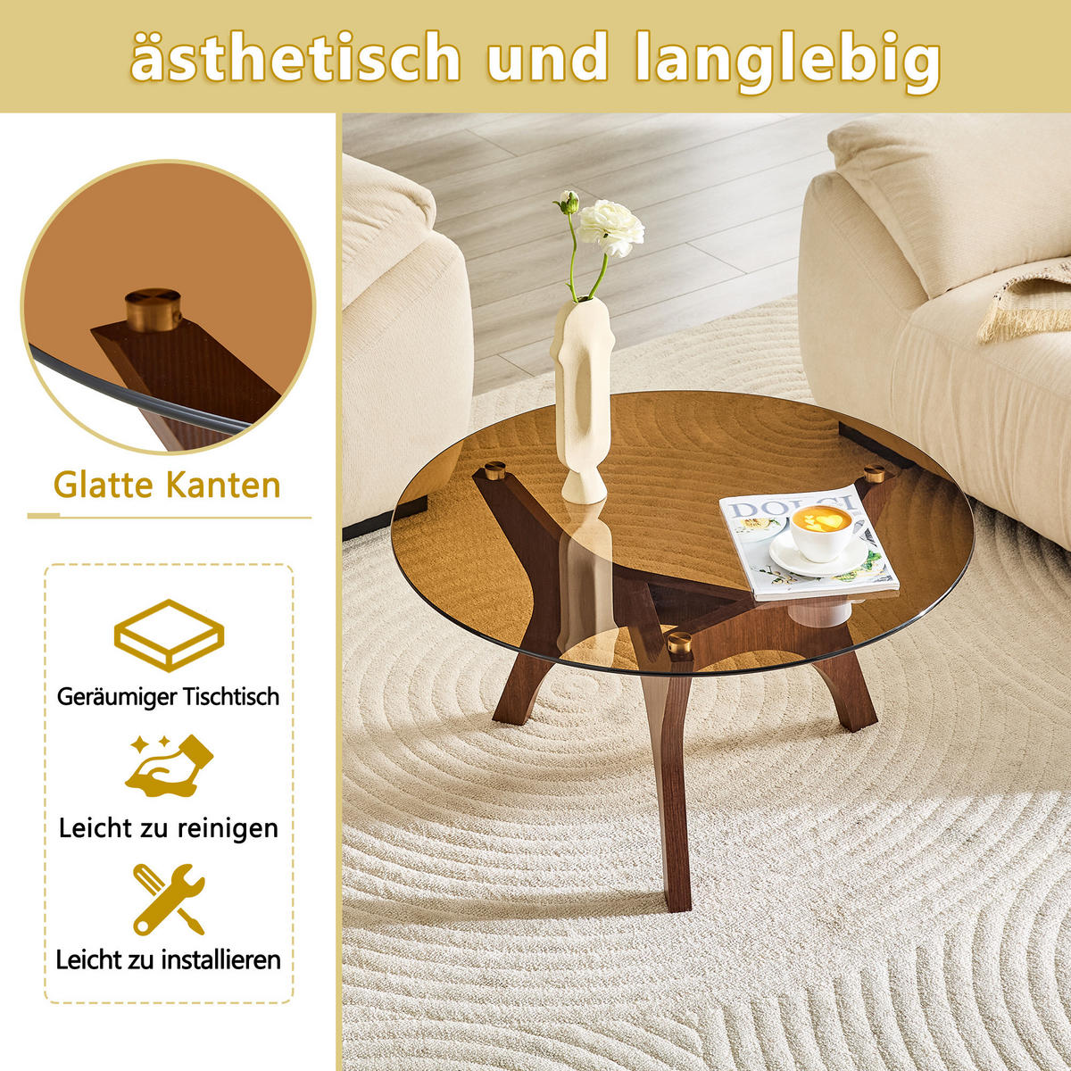 COUCHTISCH in Braun Runder Kaffeetisch für Wohnzimmer, Büro & Lounge, Hitze- & Kratzfest, 80/80/42.2 - Braun, Glas/Holzwerkstoff (80/80/42.2cm) - STILVORA