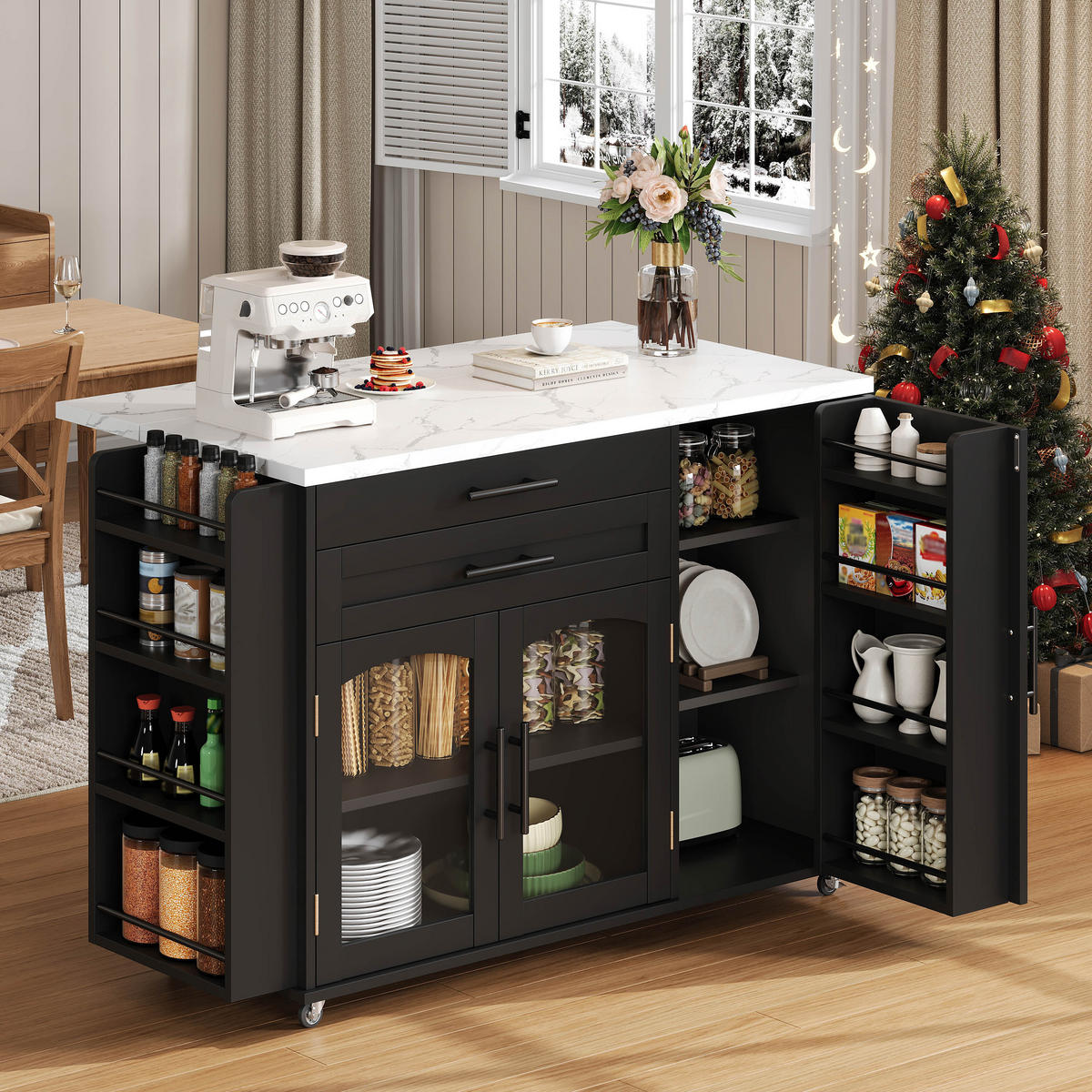KÜCHENINSEL Mobiler Küchenwagen, Klappbarer Arbeitsbereich, Holzimitat, 138/70/90 cm - Schwarz, Kunststoff (70/90/138cm) - Rolipo