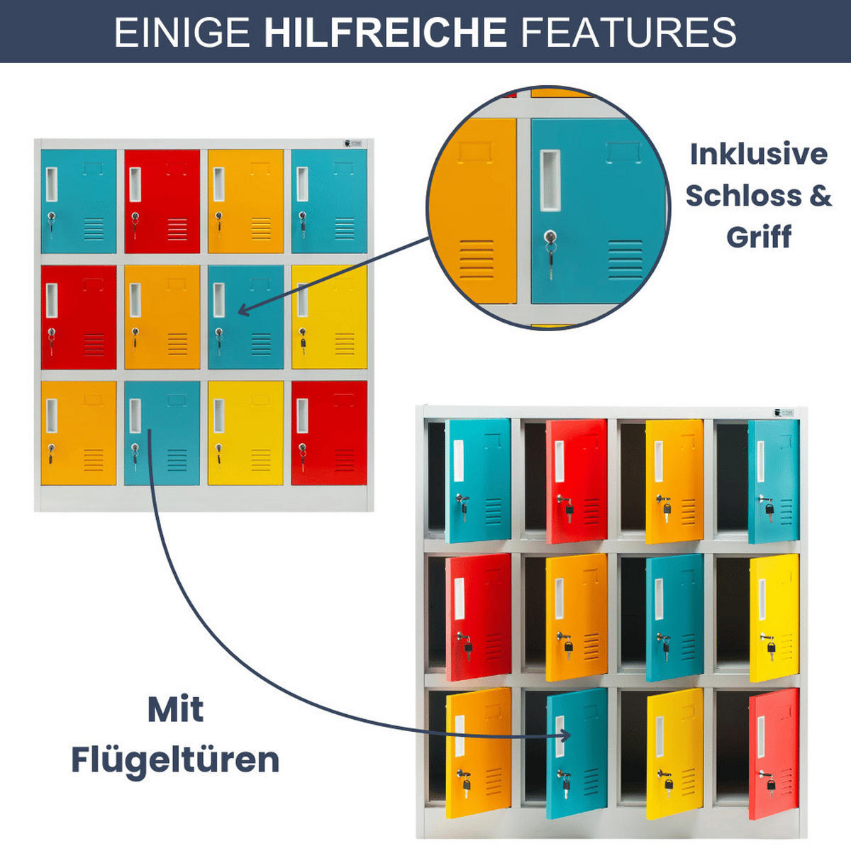 SCHLIESSFACHSCHRANK Spind Kindergarten ANNA 12 Fächer 120x109x45cm Mehrfarbig - Multicolor, Metall (109/120/45cm) - DELUKE