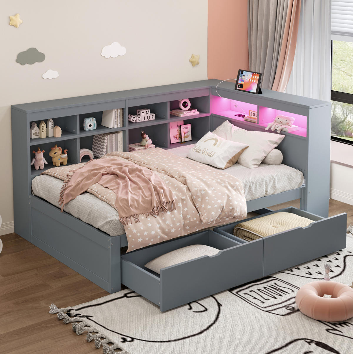 MULTIFUNKTIONSBETT 90/200 cm Grau mit Ablagefächern und USB-Steckdose mit LED-Beleuchtung - Grau, Holzwerkstoff (90/200cm) - OKWISH