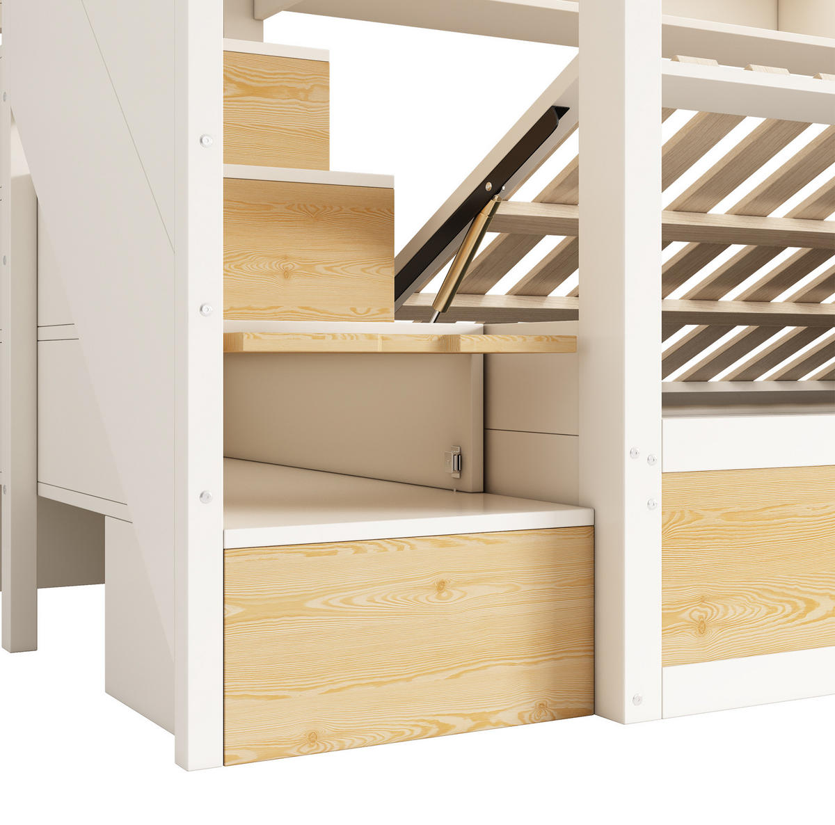 PATROVÁ postel 90/200 cm bílá a přírodní kovová se schodišťovou skříňkou - přírodní, kompozitní dřevo (90/200cm) - OKWISH