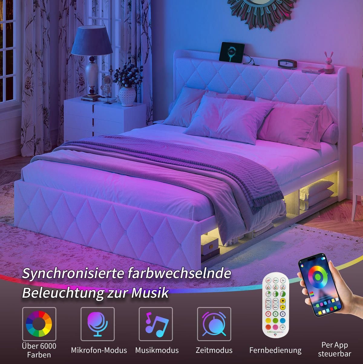 BETT mit USB und LED 160x200 cm Teddy Weiß - Weiß, Holzwerkstoff (160/200cm) - Meubliv
