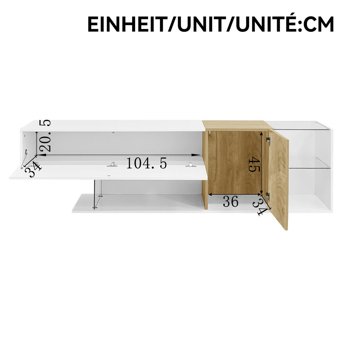 TV-KOMMODE in Hochglanz Weiß mit Holzoptik und Glasregalen 180/38/48 cm - Weiß, Holzwerkstoff (180/48/38cm) - Redom