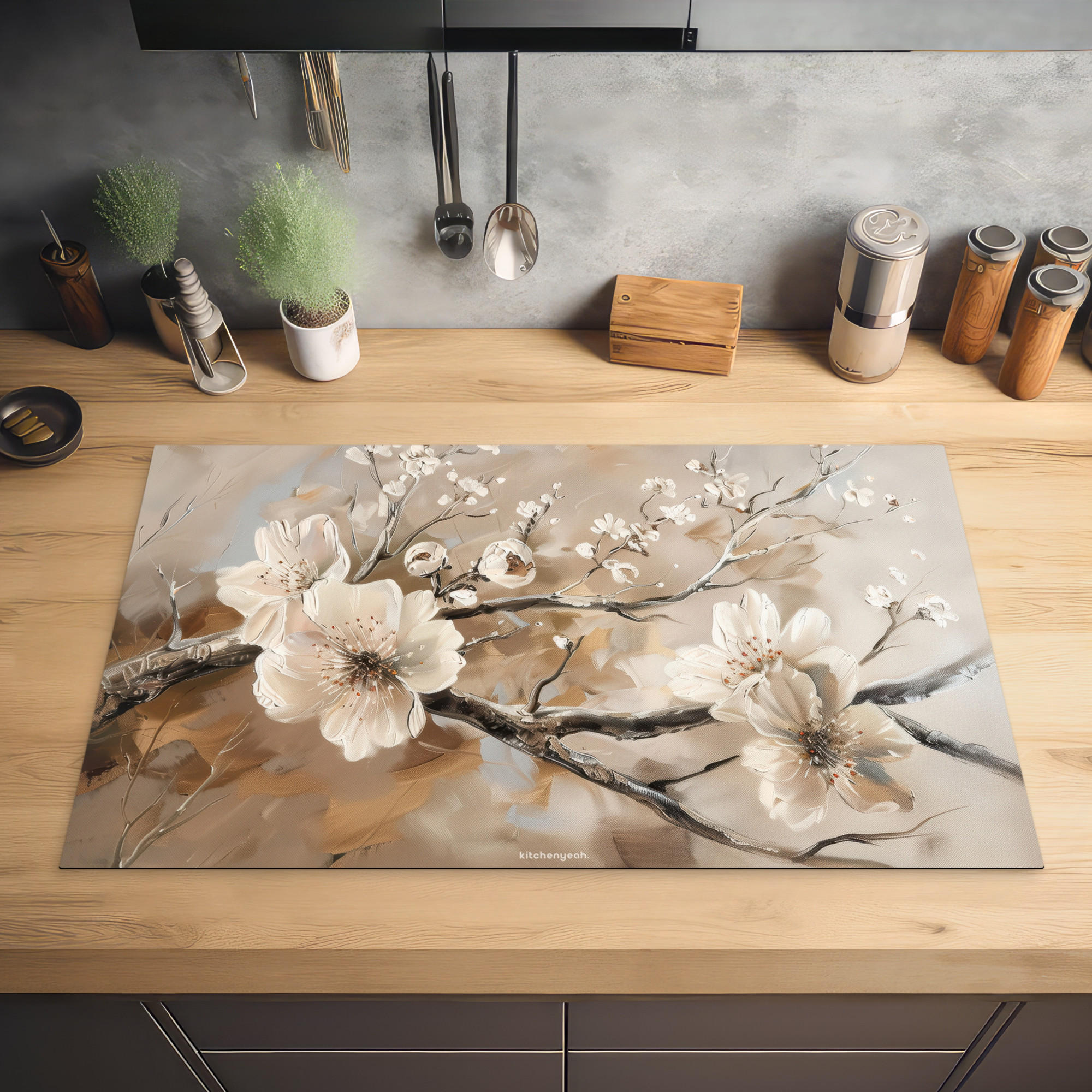 HERDABDECKPLATTE Blumen - Abstrakt - Gemalt - Beige 83x51 cm - Kaschmir, Kunststoff (83/0.2/51.5cm) - MuchoWow