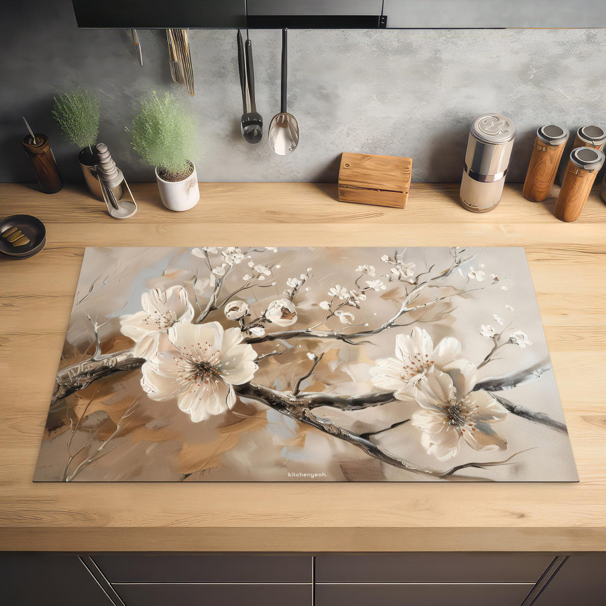 HERDABDECKPLATTE Blumen - Abstrakt - Gemalt - Beige 83x51 cm - Kaschmir, Kunststoff (83/0.2/51.5cm) - MuchoWow