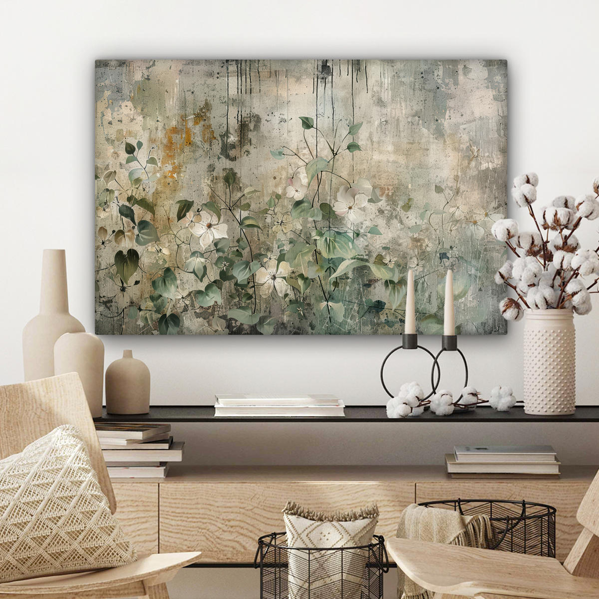 LEINWANDBILD - Blumen - Blätter - Abstrakt - Modern - 90x60 - Deko Wohnzimmer - Grau, Textil (90/60cm) - MuchoWow