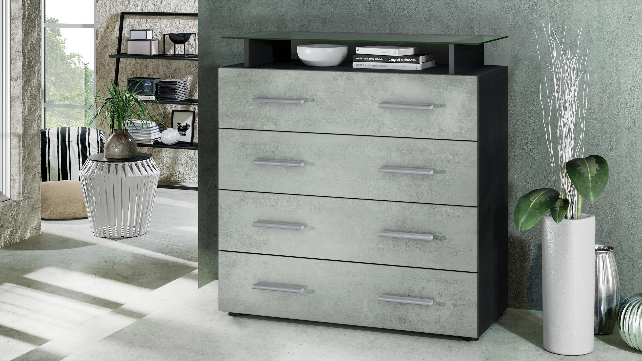 KOMMODE Pavos Beton Oxid Optik - Hellgrau, Holzwerkstoff (76/81/35cm) - Vladon