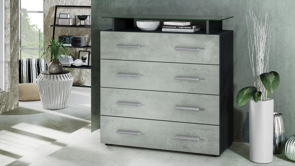 KOMMODE Pavos Beton Oxid Optik - Hellgrau, Holzwerkstoff (76/81/35cm) - Vladon