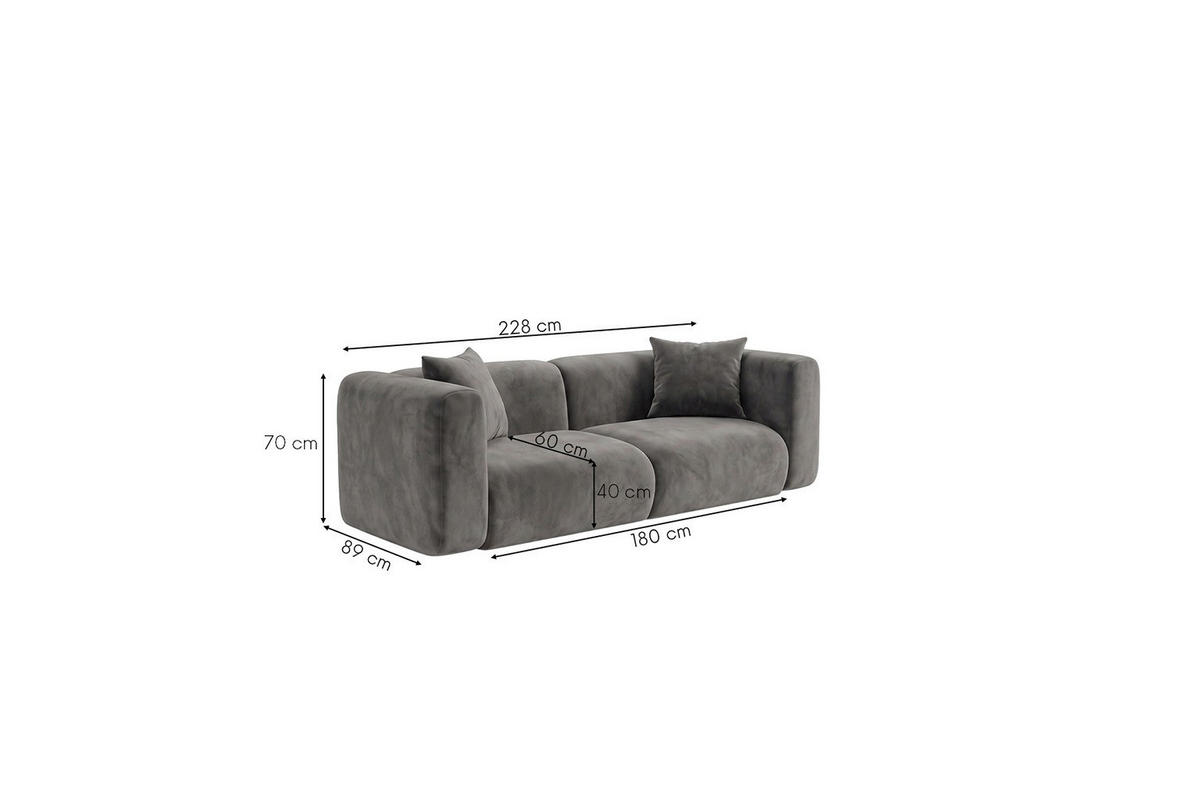 SOFA 2-Sitzer, Velvet-Stoff Bluvel, Aschgrau, GRETA - Grau, Holz (228/70/89cm) - Kaiser Möbel