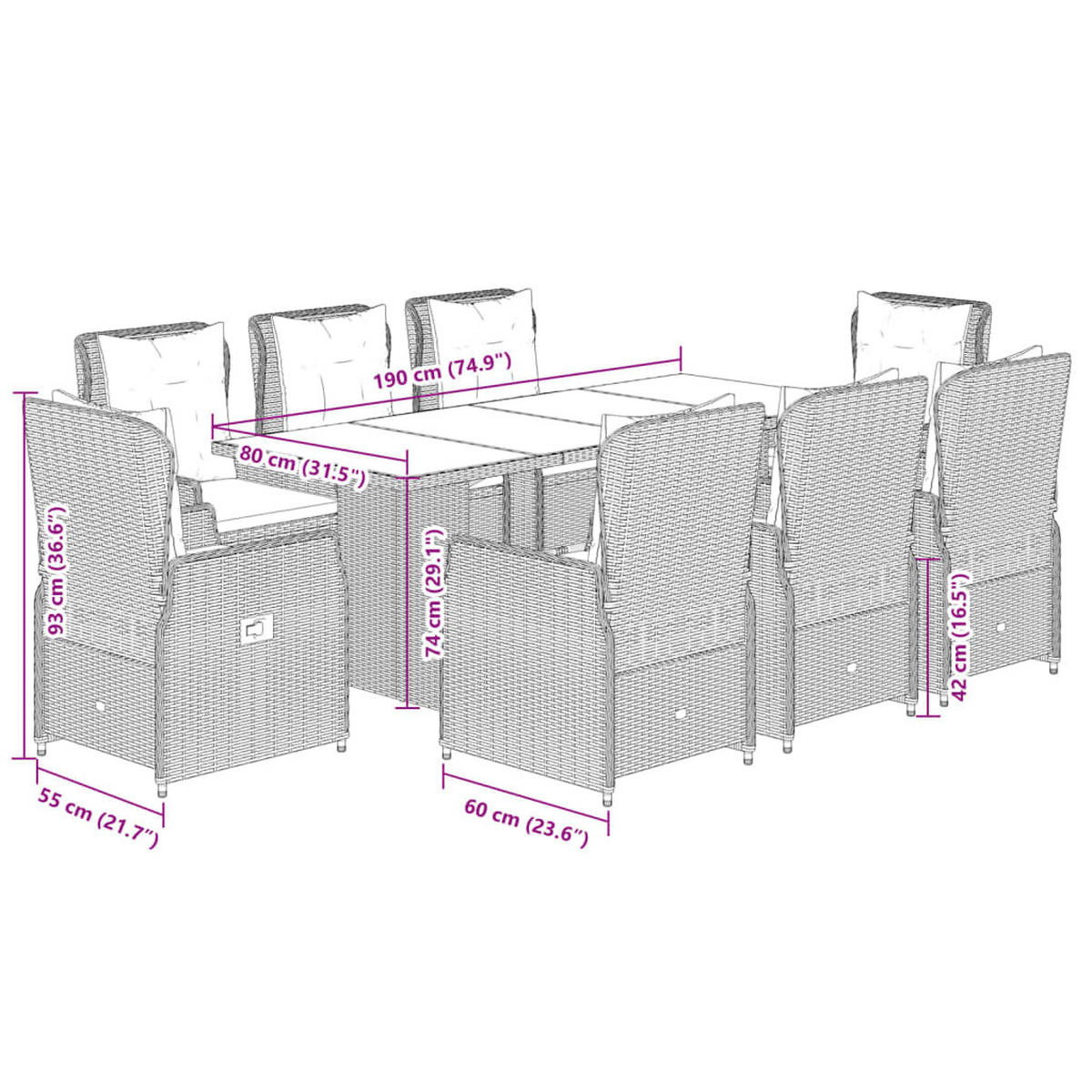 DINING-LOUNGESET mit Auflagen für 8 Personen, aus PE-Rattan, Braun, 9-teiliges Set - Braun, Kunststoff - vidaXL