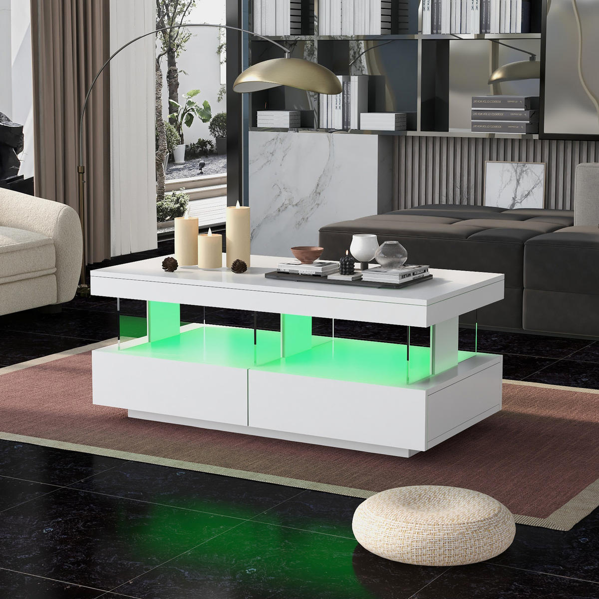 COUCHTISCH 100/60/49,5 cm mit LED-Beleuchtung, 2 Schubladen und Glaseinsätzen, Weiß - Weiß, Holzwerkstoff (100/60/49.5cm) - Redom