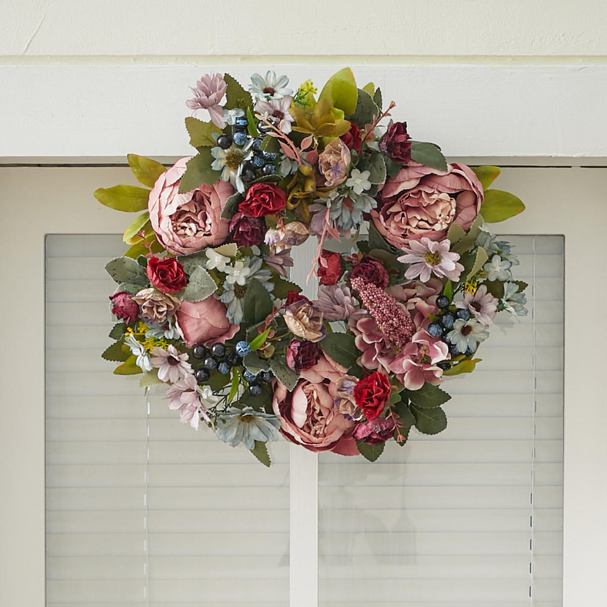 KUNSTBLUME Pfingstrosen 35cm Türkranz mit künstlichen für Hochzeit und Dekoration aus Stoff Hochwertige Verarbeitung - Rot, Kunststoff (20cm) - Livingandhome