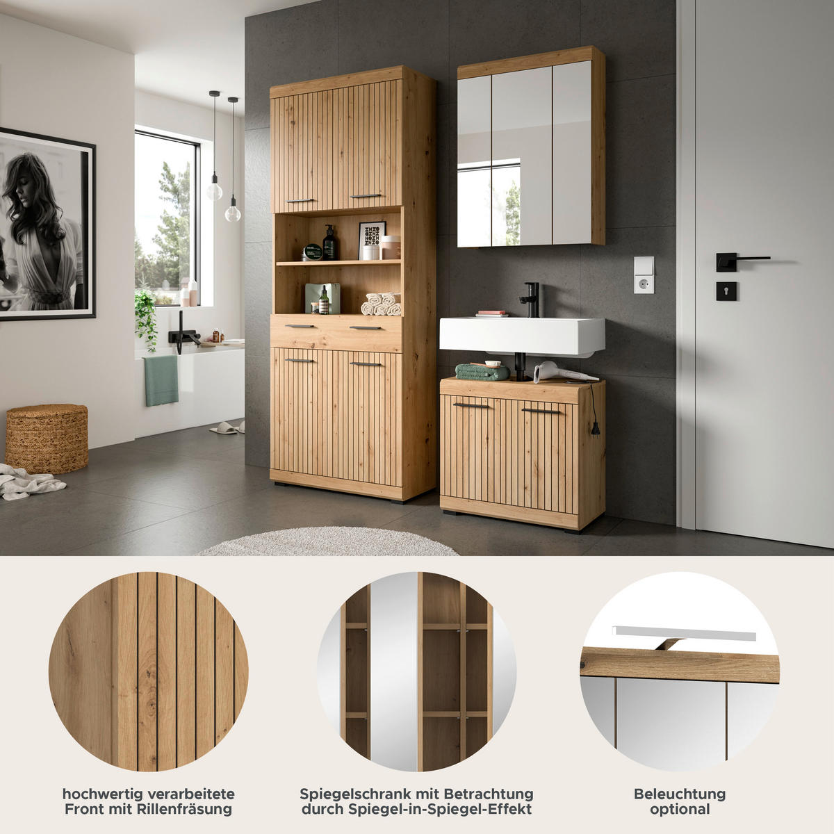 BADEZIMMER Vento 3-tlg. (B/H/T: ca. 149/191/34 cm) in Artisan Eiche /Artisan Eiche - Eiche Artisan, Holz (149/191/34cm)