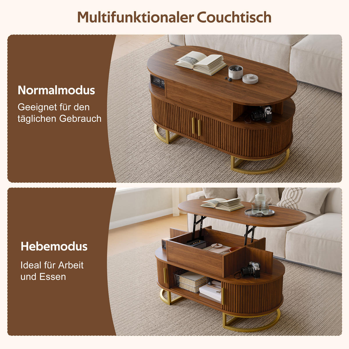 COUCHTISCH 100/50/64 cm, Nussbaum, höhenverstellbar, mit Stauraum und Schiebetüren - Walnussfarben/Schwarz, Holzwerkstoff/Metall (50/100/64cm) - CHICFURN