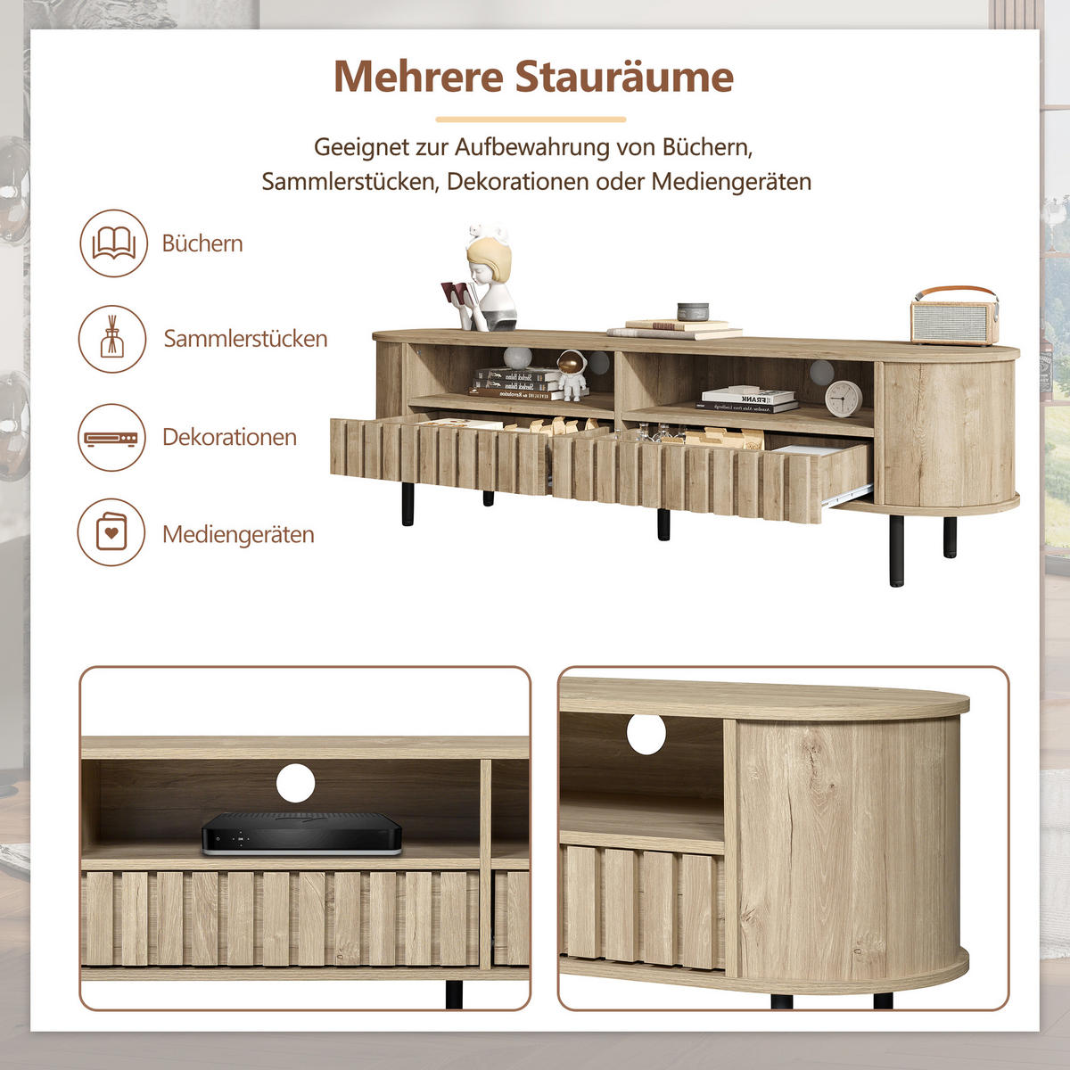 TV-LOWBOARD 160x40x48 cm Naturholz 2 Schränke 2 Schubladen - Naturfarben, Holzwerkstoff (40/48/160cm) - FLIEKS