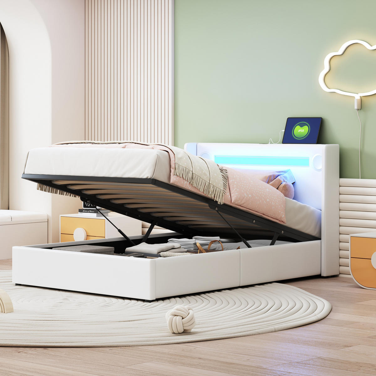 POLSTERBETT 90/200 cm mit LED-Lichtleiste und Bluetooth-Player - Weiß, Kunststoff (90/200cm) - OKWISH