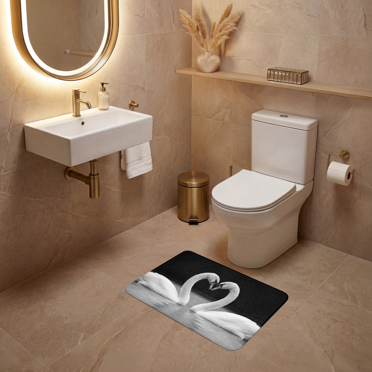 WC PŘEDLOŽKA Labutě - srdce - černá - bílá 60x40 cm - černá, textil/plast (60/1cm) - OnlyWow