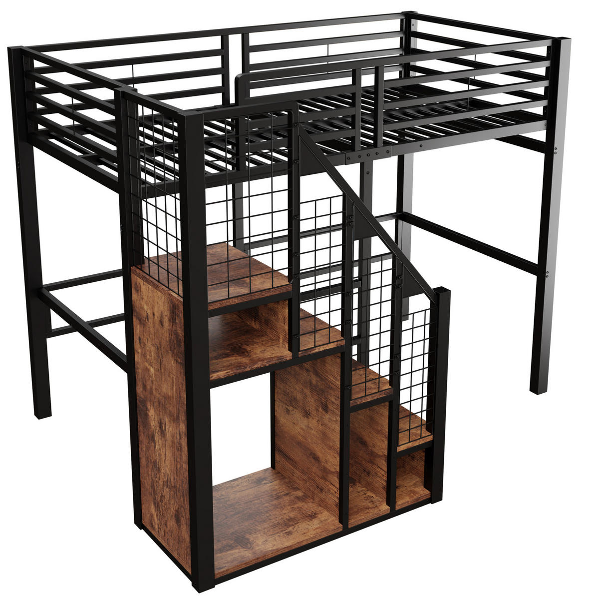 HOCHBETT aus Metall und MDF 90x200 cm Schwarz mit Stauraum und Treppe - Schwarz, Metall (90/200cm) - IVMEU