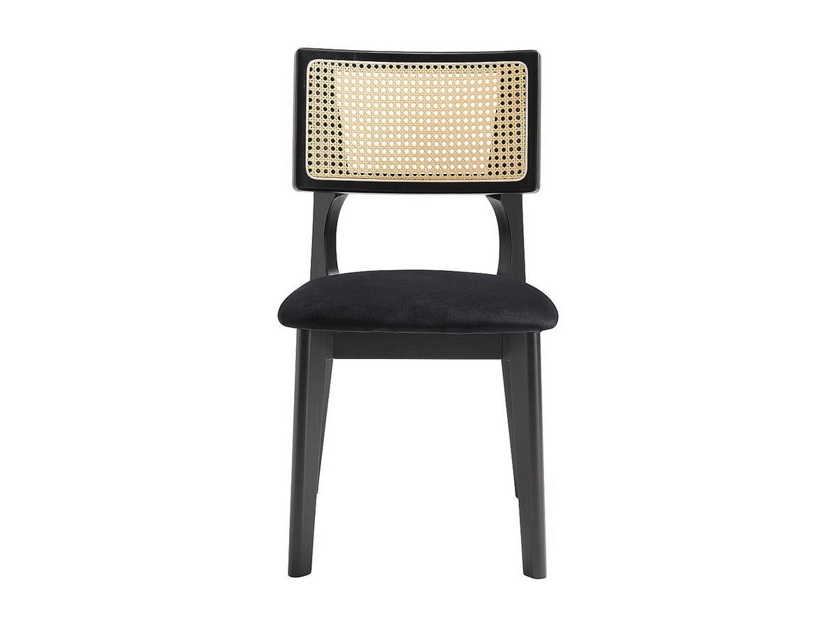 6ER-SET Stühle - Samt - Rattaneffekt & Kautschukholz - Schwarz - CALENYA - Schwarz, Textil (50.5/85.5/48cm) - Vente-Unique