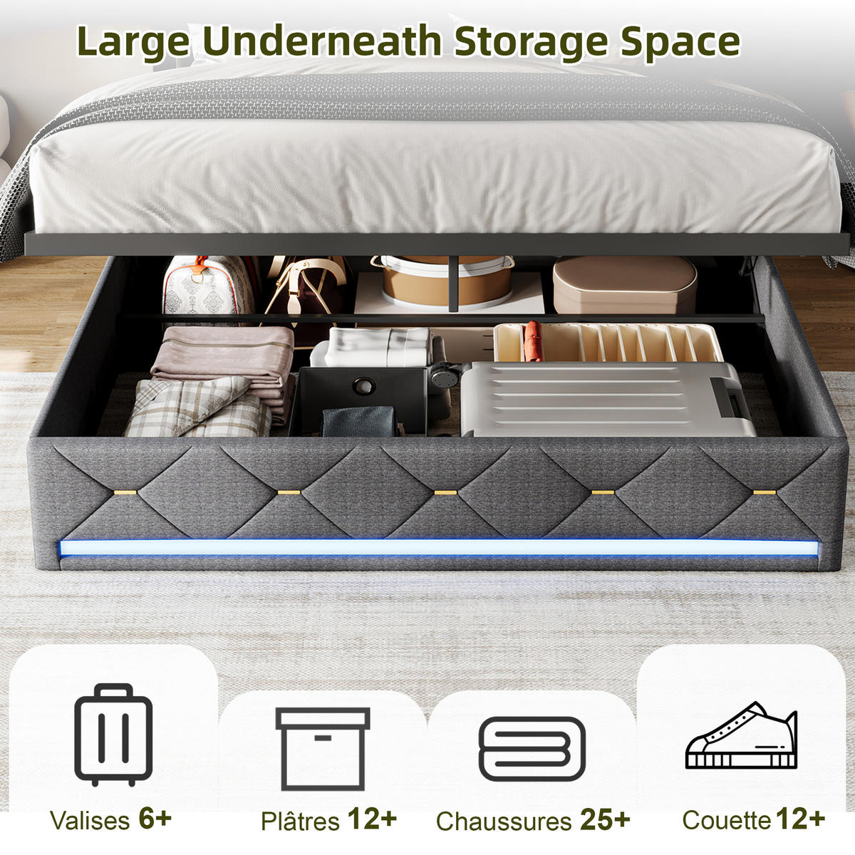 POLSTERBETT 140/200 cm Grau mit hydraulischem Stauraum, LED-Kopfteil mit Ladefunktion und Lattenrost - Grau, Metall (140/200cm) - EuroLiving