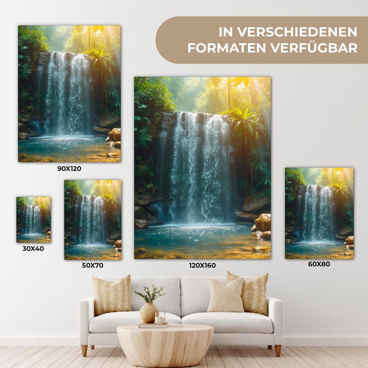LEINWANDBILD Wasserfall - Dschungel - Sonne - Grün - Natur 30x40 cm - Grün, Textil (30/40cm) - MuchoWow