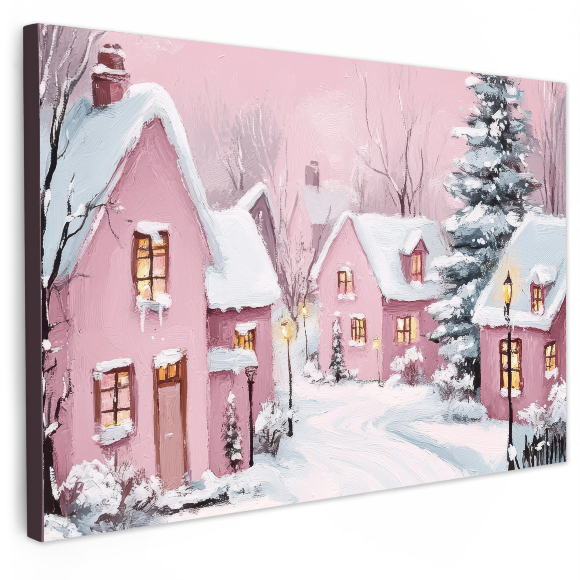 LEINWANDBILD Weihnachtsdorf - Rosa - Winter - Schnee - Häuser XXL 150x100 cm - Altrosa, Textil (150/100cm) - MuchoWow