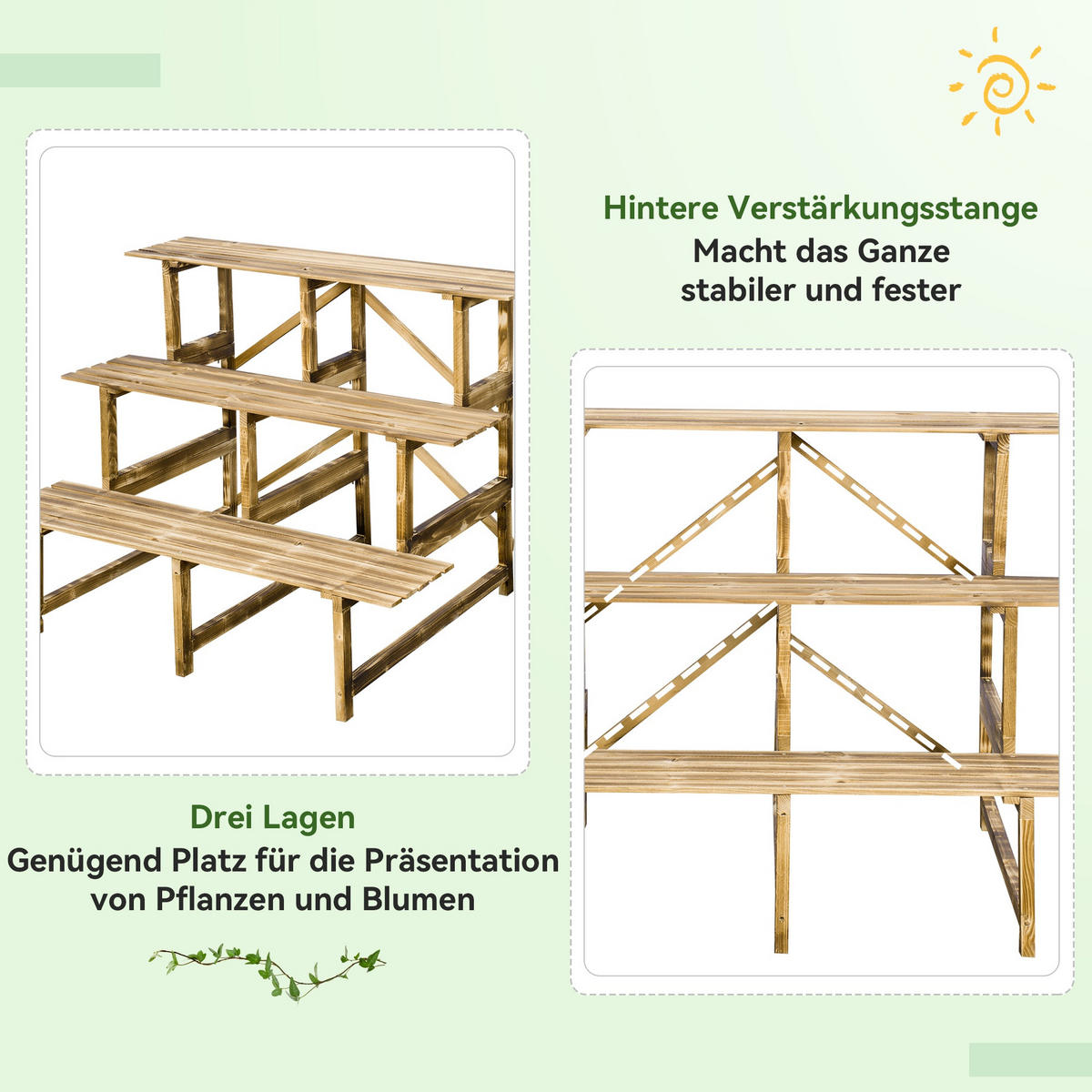 PFLANZENTREPPE Blumentreppe Pflanzregal Blumenbank Ständer 3 Stufen Tannenholz - Fichtefarben, Holz (80/78/100cm) - Outsunny
