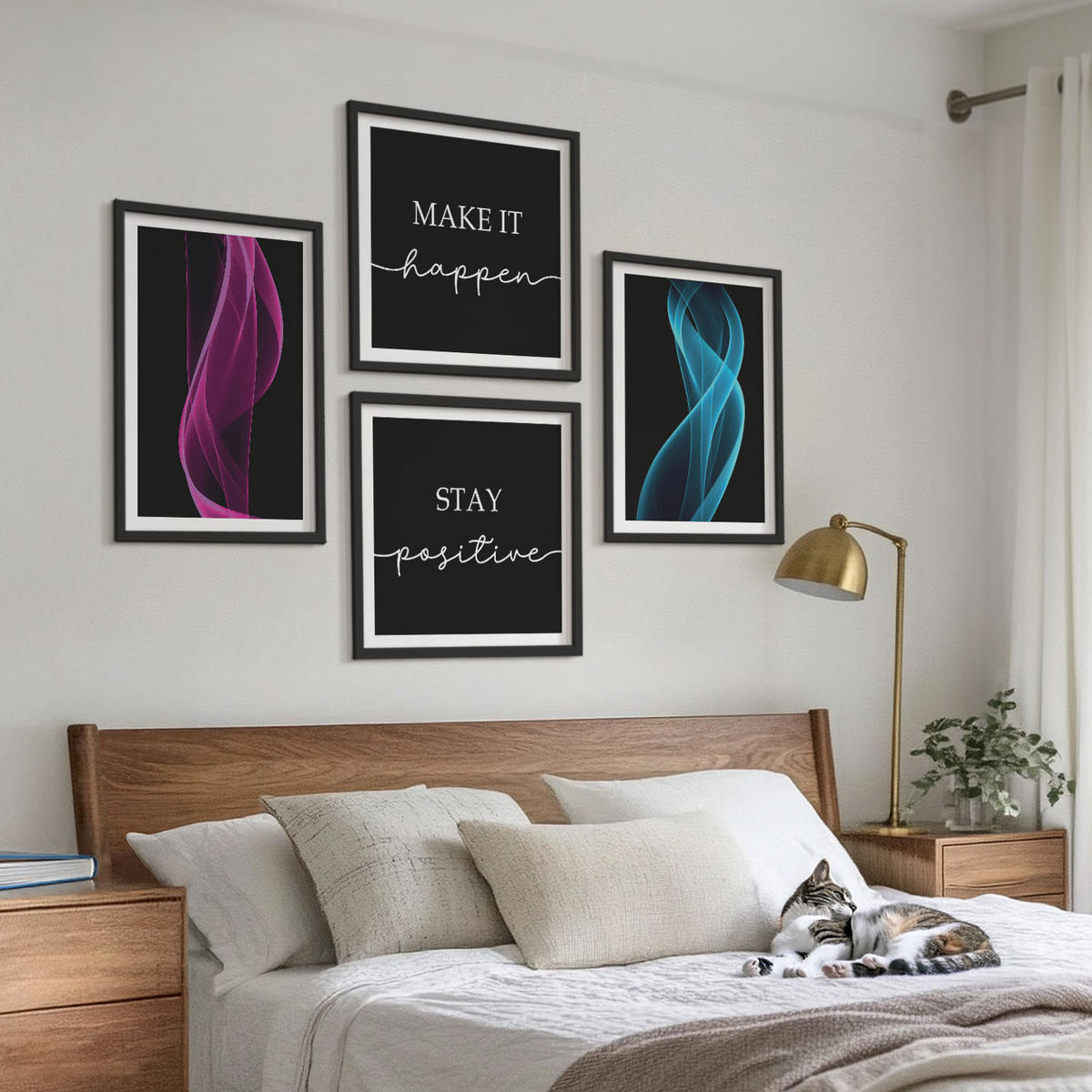WANDBILDER 4er-Set - 50x50 cm & 40x60 cm Schwarzer Rahmen - Neonlinienwellen im Hintergrund - Schwarz, Kunststoff (50/50cm) - ArtPrintCave