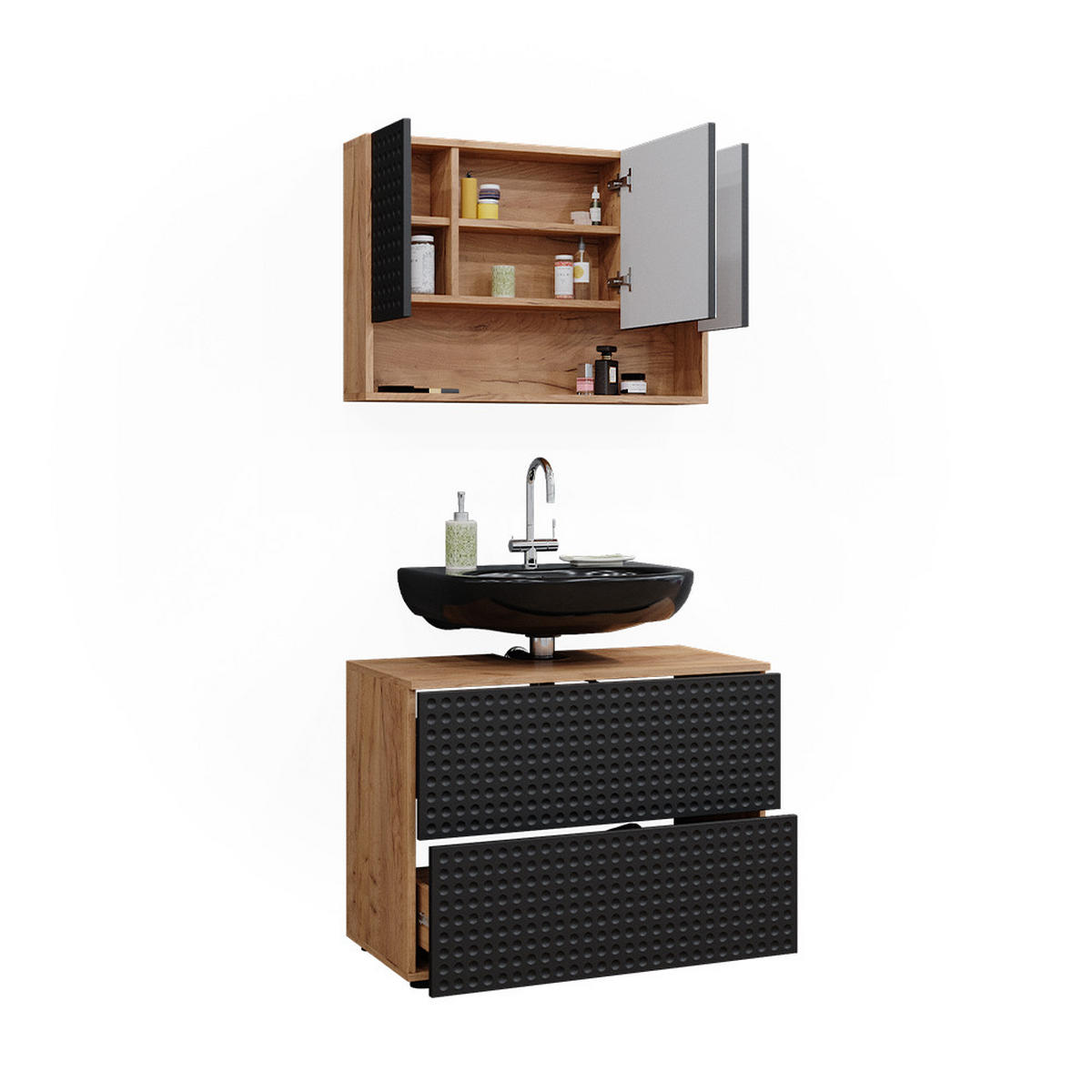 BADMÖBEL-SET Irma Anthrazit gepunktet 2 Teile, Unterschrank 80 cm - Honigeiche/Anthrazit, Holzwerkstoff (80/58.6/41cm) - Vicco