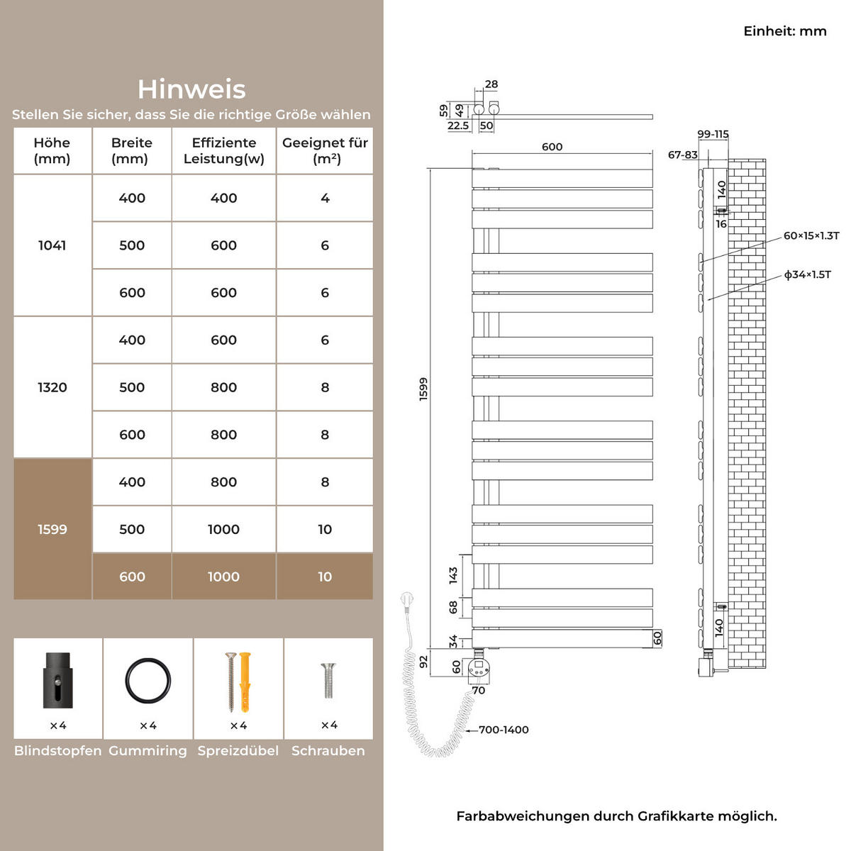 HANDTUCHHEIZKÖRPER 159,9/60 cm anthrazit elektrisch 1000 W mit WLAN-Thermostat - Anthrazit, Metall (60/160/5.9cm) - S'AFIELINA