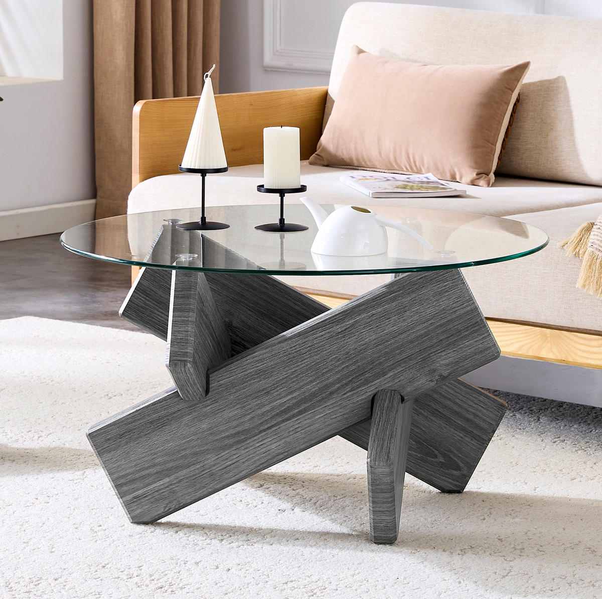 COUCHTISCH 79/45 cm Grau/Transparent aus MDF und Glas mit Kreuzgestell - Grau, Holzwerkstoff (79/79/45cm) - OKMYHOME