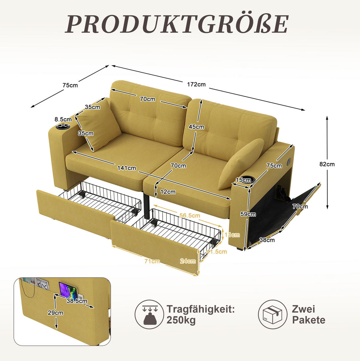 SOFA 2-Sitzer mit USB und Stauraumschubladen 172 x 75 x 82 cm Chenille - Gelb, Holzwerkstoff (172/82/75cm) - Meubliv
