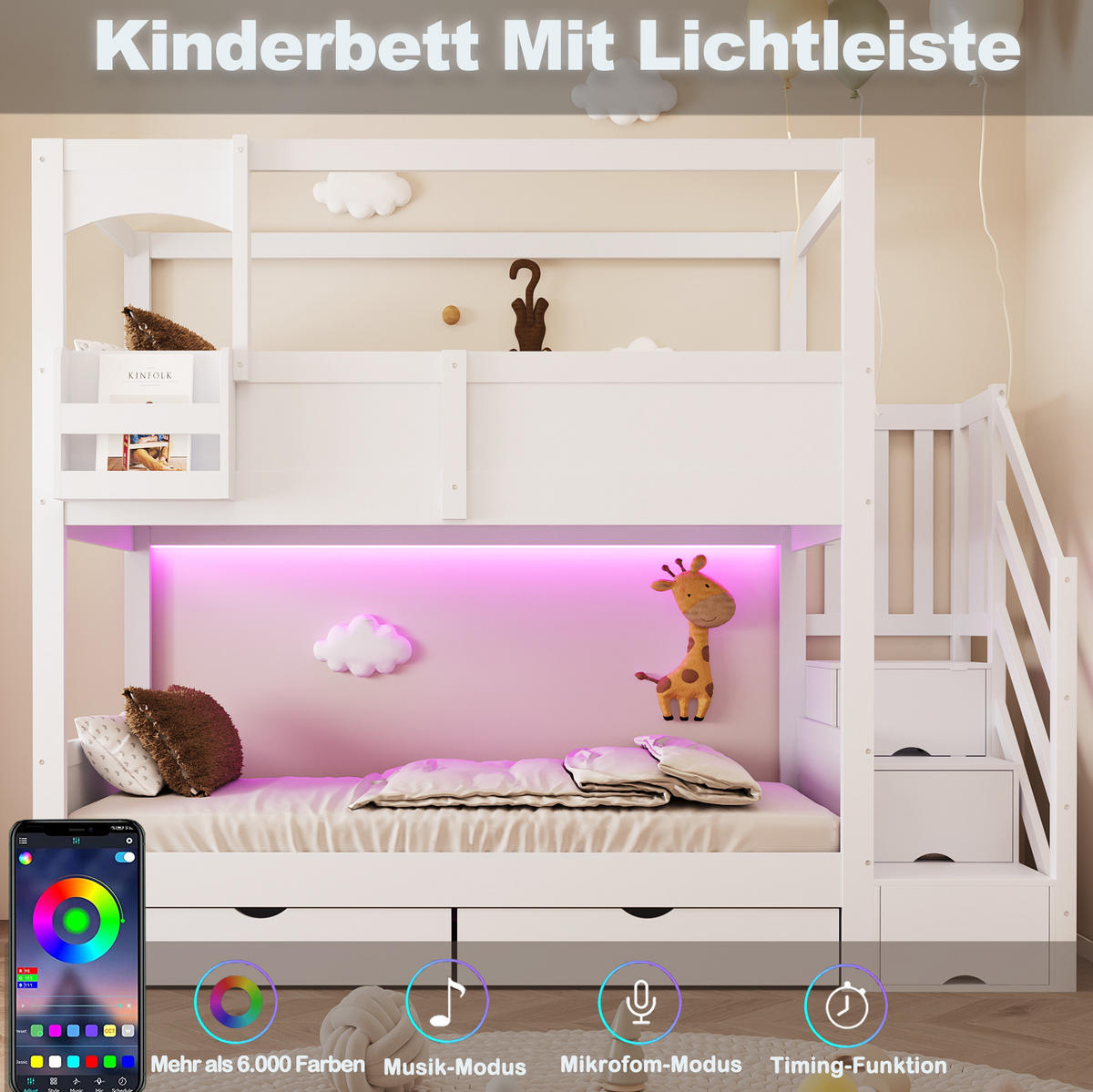 ETAGENBETT 90/200 cm aus Holz mit Schubladen, Weiß - Weiß, Holz (90/200cm) - OKMYHOME