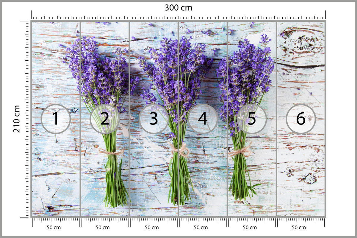 FOTOTAPETA Pre Kuchyňu Levanduľové Kvety Fialová Drevo Rustikálna 300 x 210 cm - sivá/biela, papier (300/210cm) - Muralo