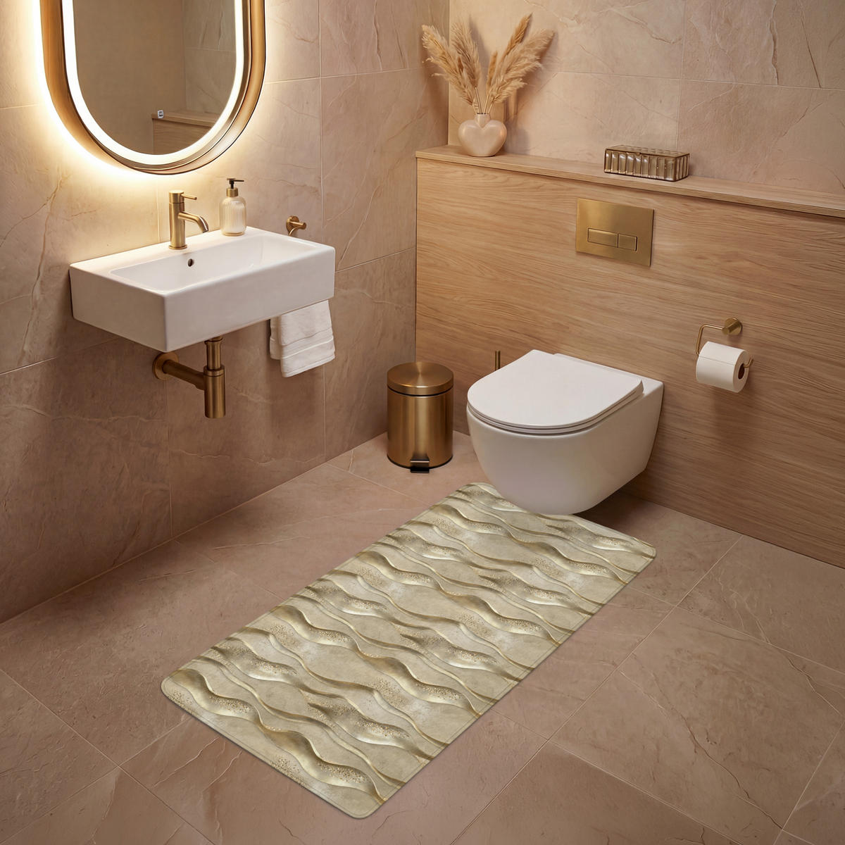 WC PŘEDLOŽKA Vlny - vzor - zlaté 60x120 cm - barva mosazi, textil/plast (60/1cm) - OnlyWow