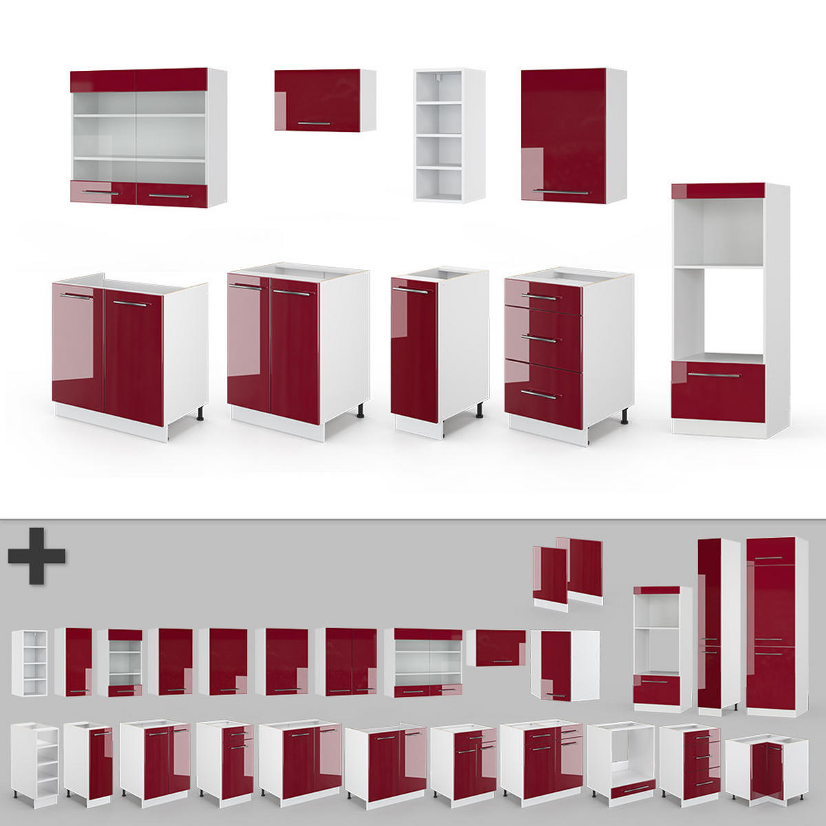 KÜCHENZEILE Fame-Line Bordeaux Hochglanz/Weiß 280 cm ohne AP - Bordeaux/Weiß, Holzwerkstoff (280/81.6/46cm) - Vicco