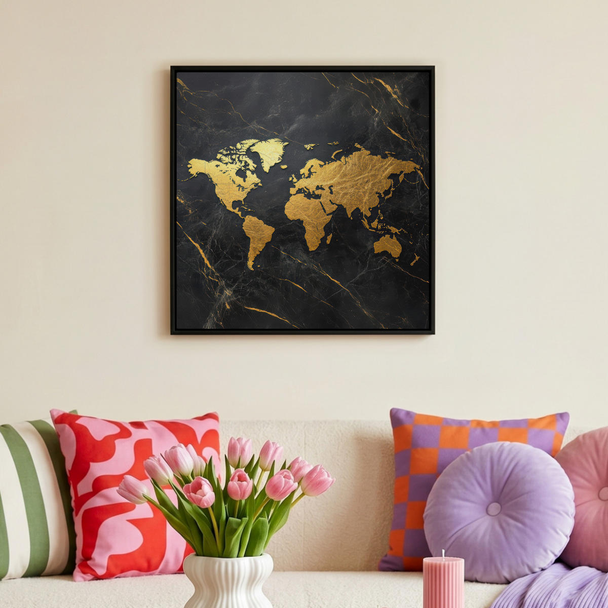 LEINWAND Bilder mit Rahmen - Weltkarte - Gold - Marmor - 50x50 - Goldfarben, Textil (50/50cm) - MuchoWow