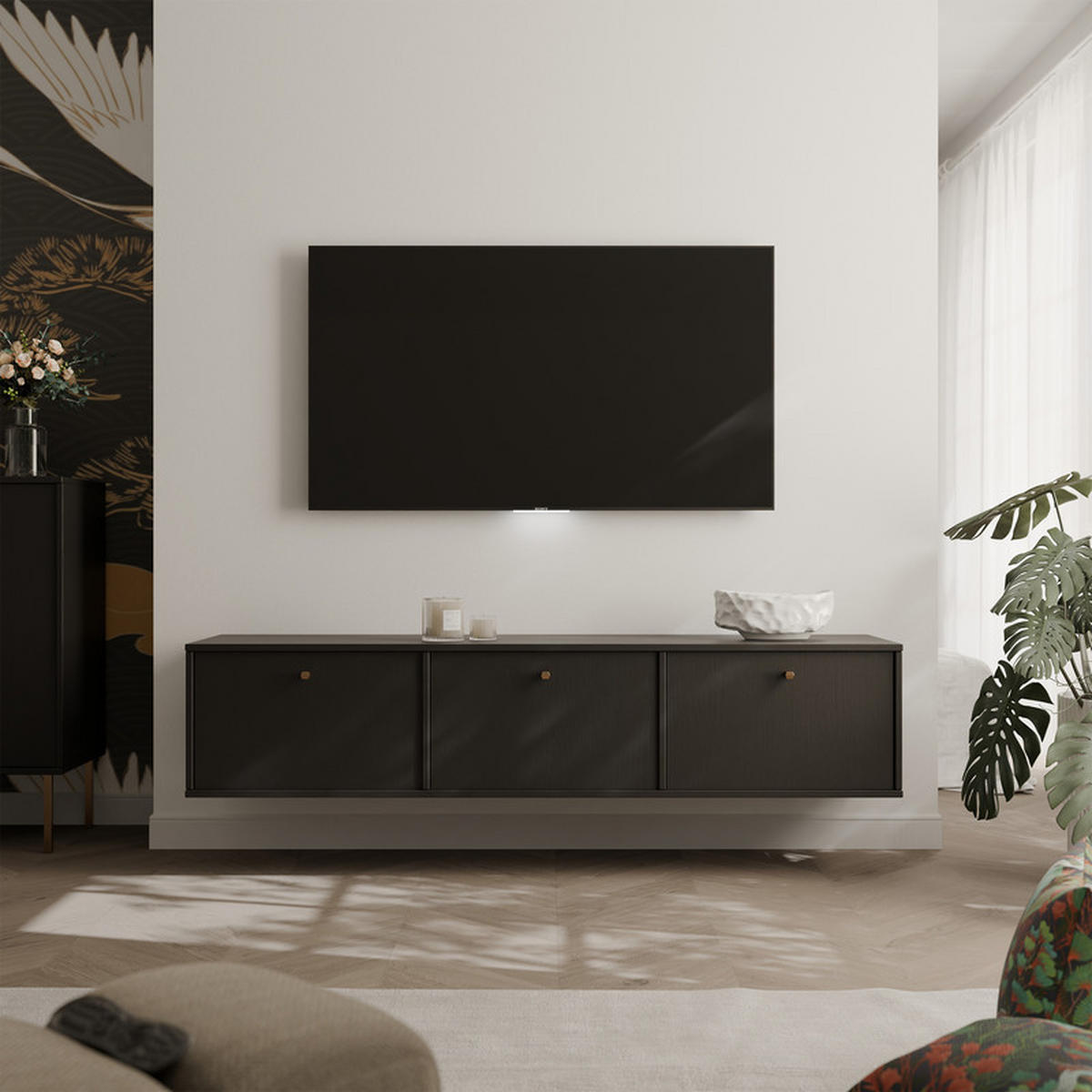 TV-LOWBOARD FLOW 180 cm, hängend, Schwarz - Schwarz, Holzwerkstoff/Metall (180/35/40.5cm) - Idohome
