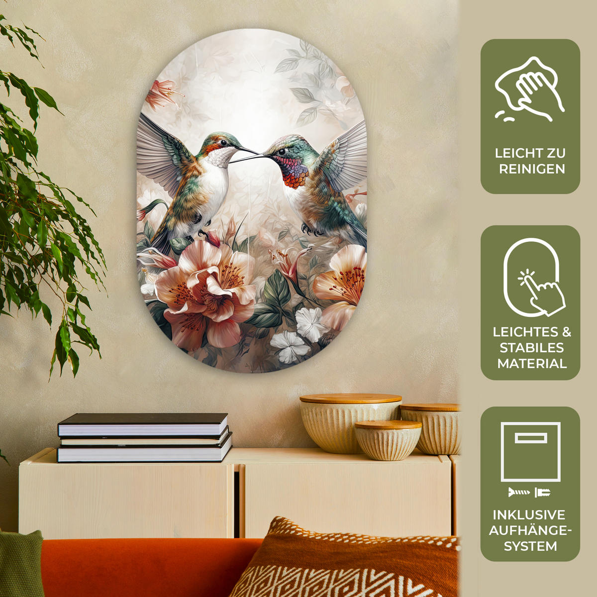 WANDBILD Kolibri - Vögel - Blumen - Natur 60x90 cm - Altrosa, Kunststoff (60/90cm) - MuchoWow