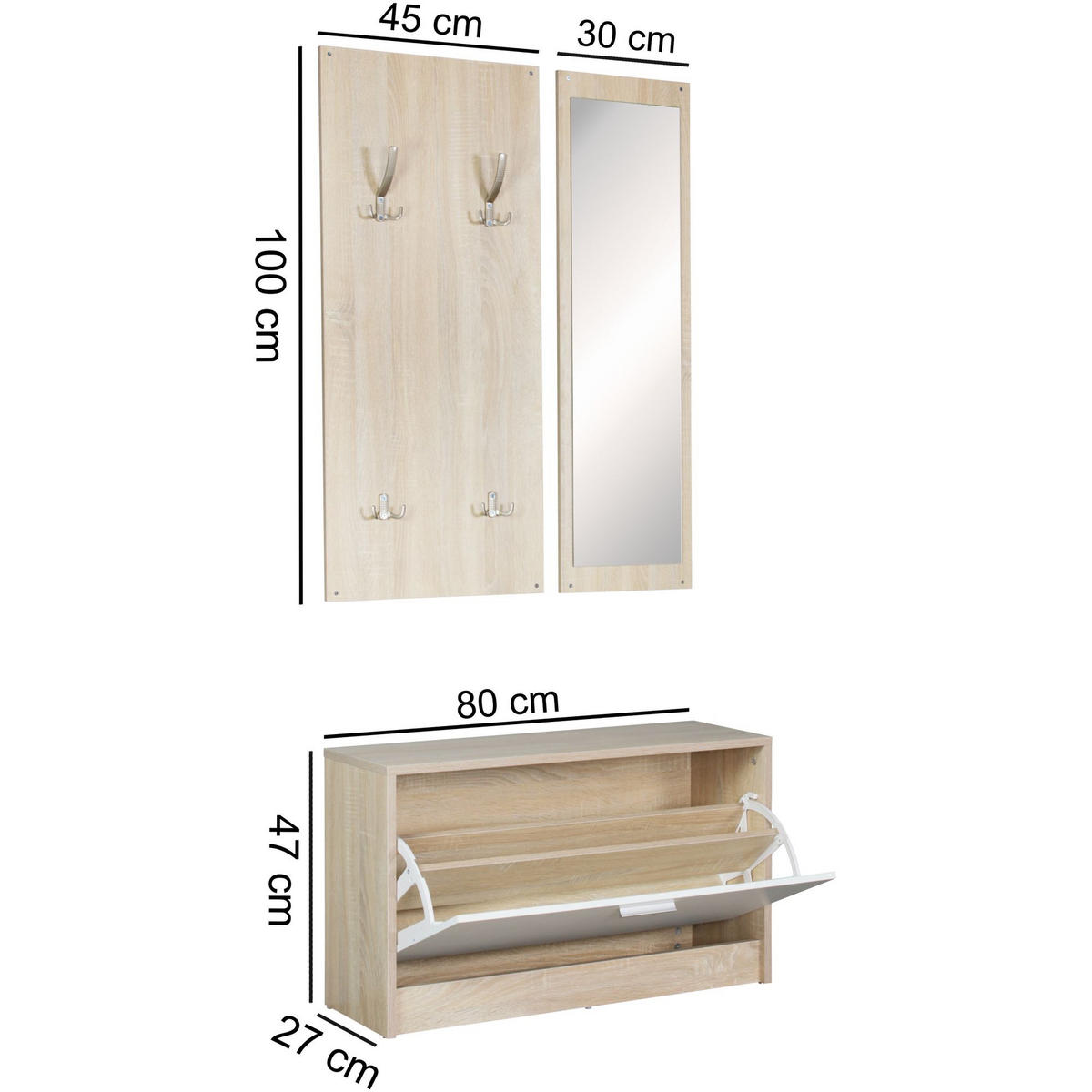 WANDGARDEROBE mit Spiegel, 10 Haken und Platz für 8 Paar Schuhe DELFT, Beige 80x27x180 cm - Beige, Holz (80/180/27cm) - KADIMA DESIGN