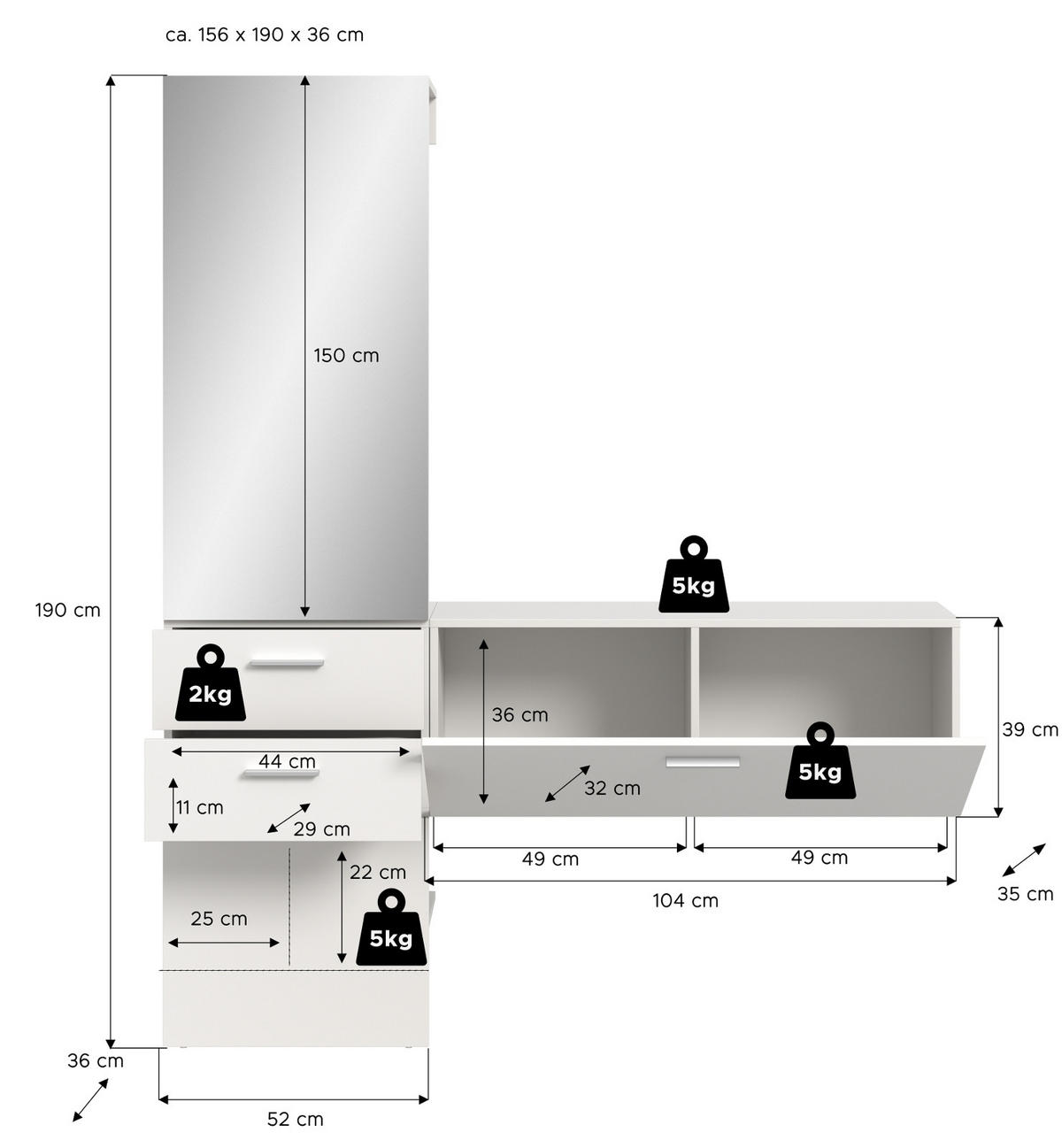 GARDEROBE Set weiß 156 cm, Komplettset 2-teilig mit Spiegel - Silberfarben/Weiß, Glas/Holzwerkstoff (156/190/36cm) - Inn.Furn