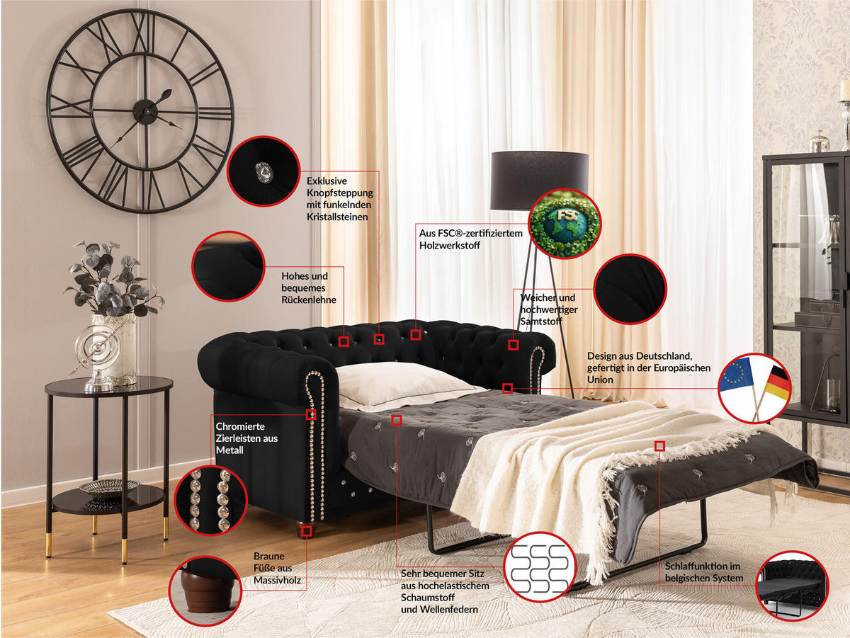 CHESTERFIELD-SOFA 2-Sitzer mit Schlaffunktion Cleo Blink Schwarz Samt mit Kristallsteppung und braunen Massivholzfüßen - Schwarz/Braun, Holz/Textil (148/72/86cm) - S-Style Möbel
