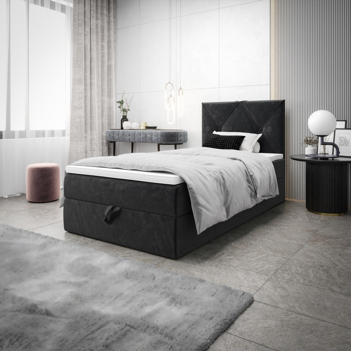BOXBETT ALTEA 100x200 Monolith 97, mit Matratze H3, Bonell und Topper, Dunkelgrau - Dunkelgrau, Holz/Kunststoff (100/200cm) - Bedante