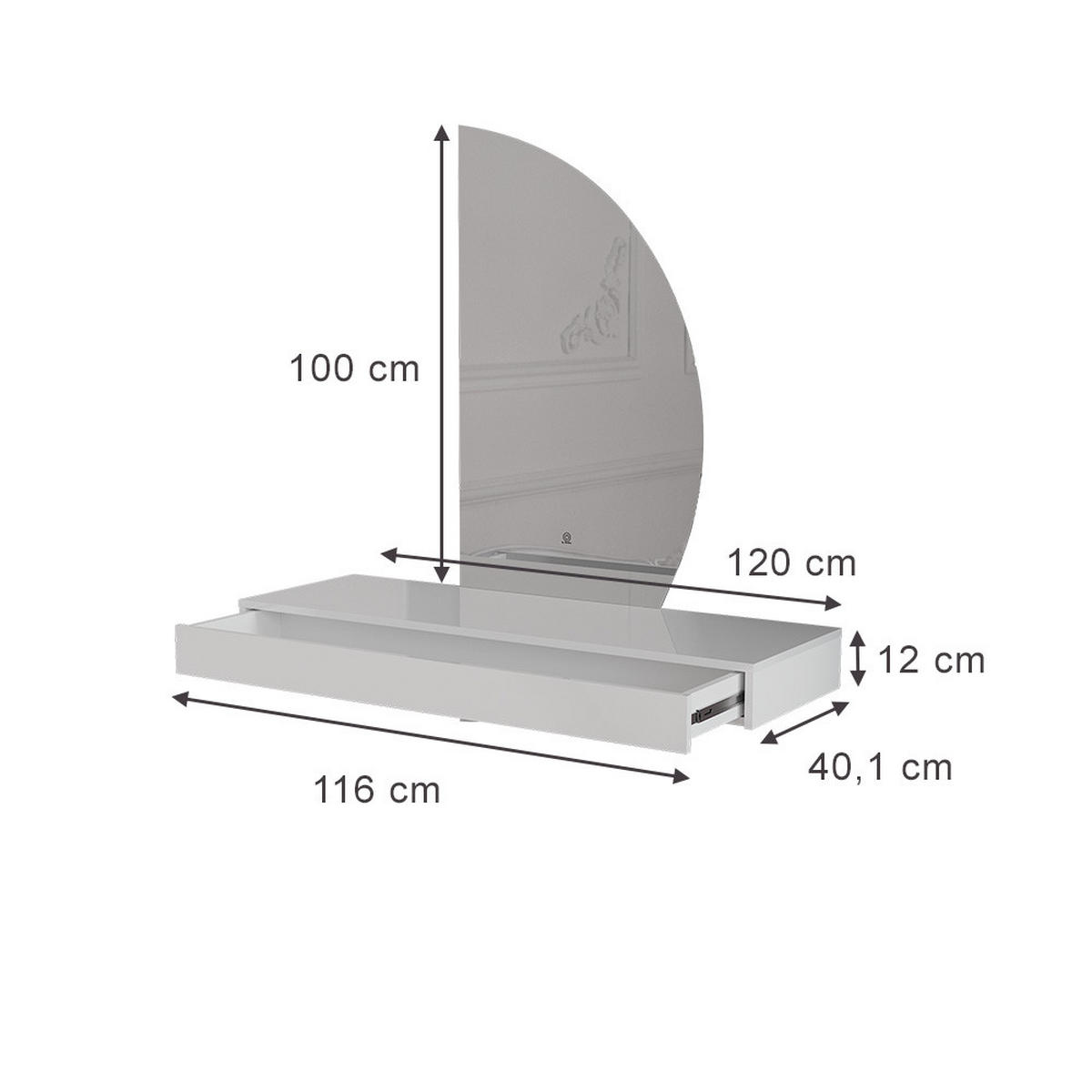 TOALETNÝ STOLÍK Sherry, Biely vysoký lesk, 120 cm so zrkadlom LED - biela s vysokým leskom, kompozitné drevo (120/12/40.1cm) - Vicco